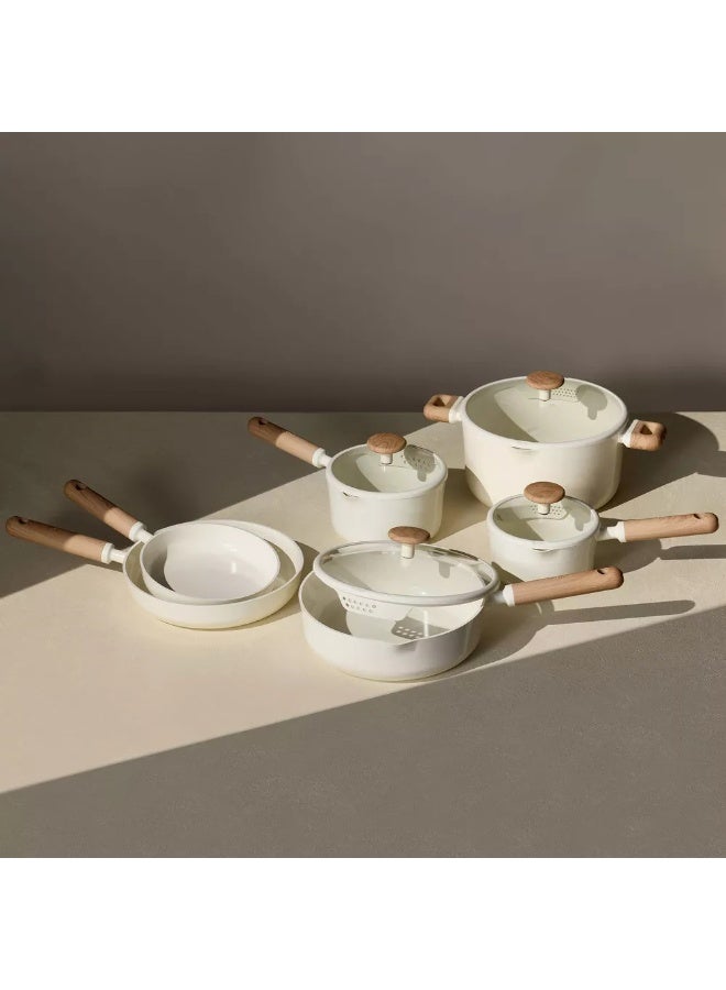 كاروت طقم أواني كاروت 21 قطعة سيراميك غير لاصق لطهي صحي خالٍ من PFAS، بأغطية سيليكون بمصفاة مزدوجة وقاعدة توزيع حرارة متساوٍ، متوافق مع جميع المواقد وآمن لغسالة الصحون (كريمي) - Image 5